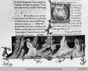 Breviarium nach den Regeln des Heiligen Benedikt : Buchseite mit Randbordüre, Text, historisierter Initiale C und Miniatur mit der Stigmatisation des Heiligen Franziskus