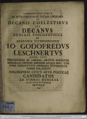 Commentatio Subita Ex Astrotheologiae Veteris Disciplina De Decanis Coelestibus