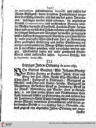 XII. Leipziger Juden-Ordnung de anno 1682.