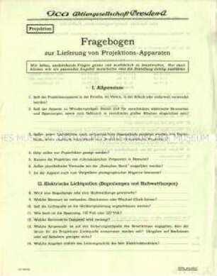 Fragebogen zur Lieferung von Projektions-Apparaten