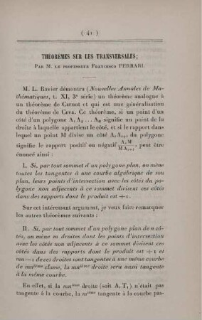 Théorèmes sur les transversales.
