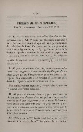 Théorèmes sur les transversales.