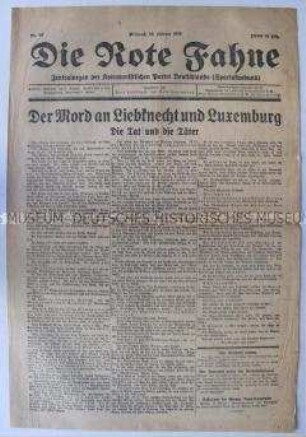 Kommunistische Tageszeitung "Die Rote Fahne" mit einer Analyse der Hintergründe der Morde an Liebknecht und Luxemburg