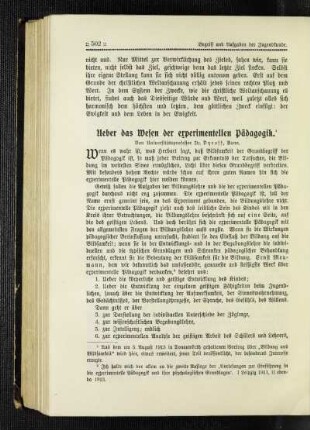 Ueber das Wesen der experimentellen Pädagogik
