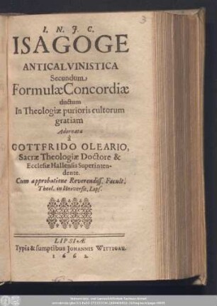 Isagoge Anticalvinistica : Secundum Formulæ Concordiæ ductum In Theologiæ purioris cultorum gratiam