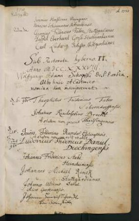 Winterhalbjahr 1738/1739. Rektorat Wolfgang Adam Schöpff