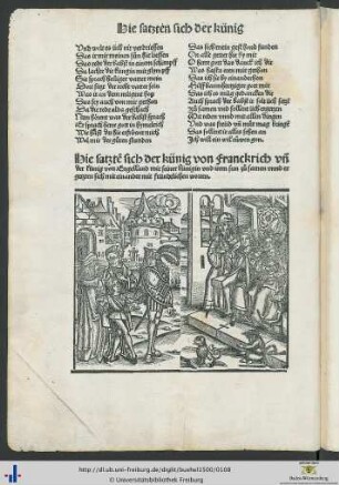 Hie satzten sich der künig von Franckrich und der künig von Engelland mit seiner künigin und irem sun zuo samen unnd er getzten sich mit einander mit fründtlich worten