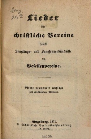 Lieder für christliche Vereine sowohl Jünglings und Jungfrauenbündnisse als Gesellenvereine