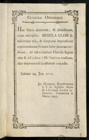 Censura Ordinarii; Jesu Christo Sacerdotum et Pastorum Principi