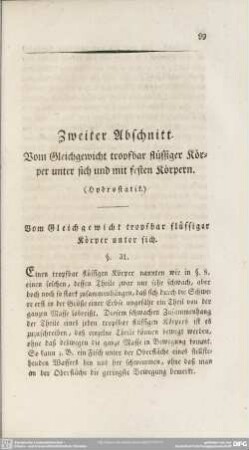 Zweiter Abschnitt. Vom Gleichgewicht tropfbar flüssiger Körper unter sich und mit festen Körpern