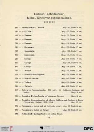 Textilien, Schnitzereien, Möbel, Einrichtungsgegenstände (Nr. 611-686)