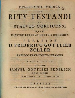 Diss. iur. de ritu testandi ex statuto Gorlicensi