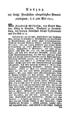 Auszug des königl. Preußischen allergnädigsten Generalprivilegium, d. d. 3ten Mai 1713