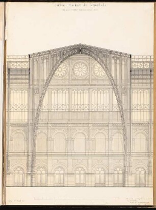 Bahnhof, Hannover Schinkelwettbewerb 1869: Längsschnitt durch die Bahnhofshalle (Ausschnitt); 2 Maßstabsleisten (Fuß, Meter)