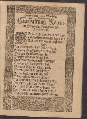 Haushaltung Johannis Matthesii/ Prediger in S. Joachimsthal.