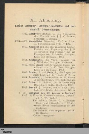 XI. Schöne Literatur, Litt.-Geschichte u. Germanistik, Uebersetzungen