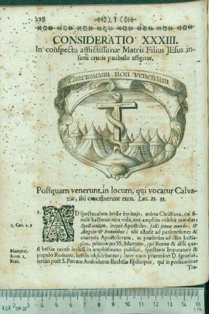 Consideratio XXXIII. In conspectu afflictissimæ Matris Filius Jesus infami crucis patibulo affigitur.