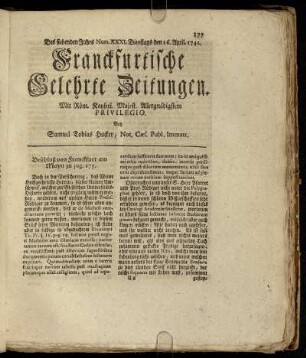 Num. XXXI. Dienstags den 16. April. 1742 - Num. XL. Freytags den 18. May. 1742