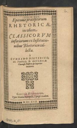 Epitome praeceptorum Rhetoricae : in usum Classicorum inferiorum ex Institutionibus Rhetoricis collecta