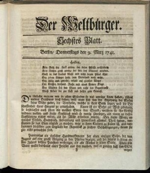 Sechstes Blatt. Berlin, Donnerstags den 9. Merz 1741.