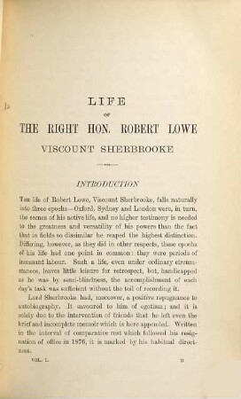 Life and letters of the Right Honourable Robert Lowe, Viscount Sherbrooke, G. C. B., D. D. L. etc. : in 2 vol., 1