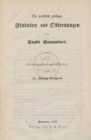 Die praktisch gültigen Statuten und Observanzen der Stadt Hannover