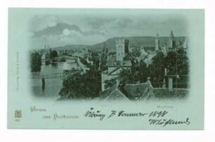 "Wartberg", "Gruß aus Heilbronn" - Gesamtansicht, Blick vom Rosenberg auf Neckar, Eiserner Steg, Götzenturm, südwestliche Innenstadt (Mondscheinkarte)