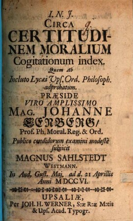 Circa certitudinem moralium cogitationum index