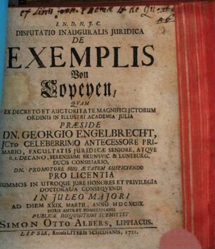 Disputatio Inauguralis Juririca De Exemplis, Von Copeyen