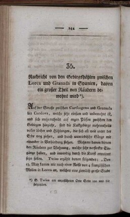 35. Nachricht von den Gebirgshöhlen zwischen Lorca und Granada in Spanien, davon ein großer Theil von Räubern bewohnt wird