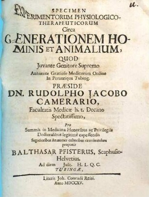 Specimen Experimentorum Physiologico-Therapeuticorum Circa Generationem Hominis Et Animalium