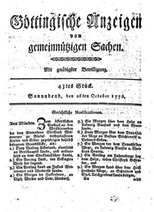 43tes Stück. Sonnabend, den 26ten October 1776.