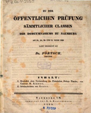 Zu der öffentlichen Prüfung sämmtlicher Klassen des Domgymnasiums zu Naumburg ... ladet ergebenst ein. 1838/39