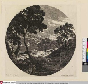 [Waldlandschaft mit einem Hirten und einer Herde, im Hintergrund ein Fluss]