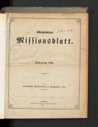 1894: Königsberger Missionsblatt