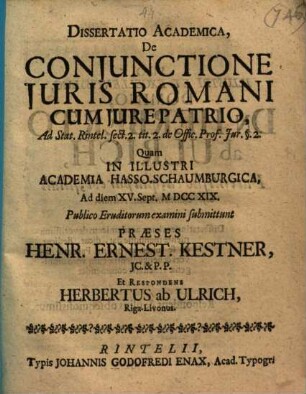 Diss. acad. de coniunctione iuris romani cum iure patrio