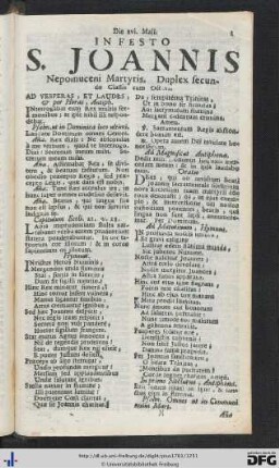 Die xvi. Maji. In Fest S. Joannis Nepomuceni Martyris. Duplex secundae Classis cum Octava.