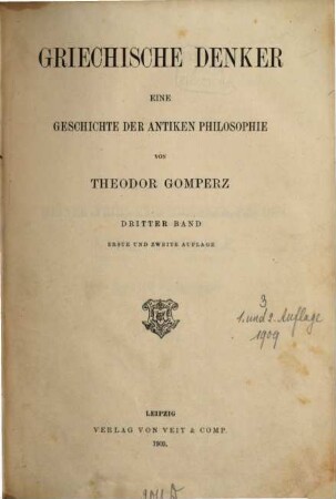 Griechische Denker : eine Geschichte der antiken Philosophie, 3. Band