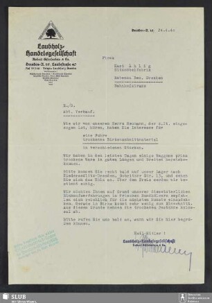 Laubholz-Handelsgesellschaft Robert Schieberlein & Co., Dresden-A. : Mitteilung