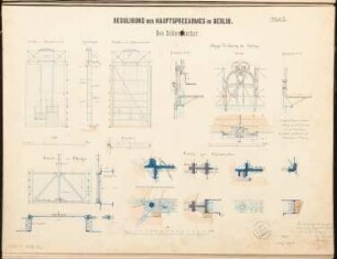 Flussregulierung der Spree, Berlin-Mitte Schinkelwettbewerb 1876: Schleusentor: Ansichten, Querschnitt 1:50; zahlreiche Details 1:10; 2 Maßstabsleisten