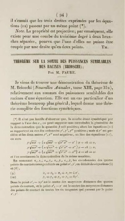 Théorème sur la somme des puissances semblables des racines.
