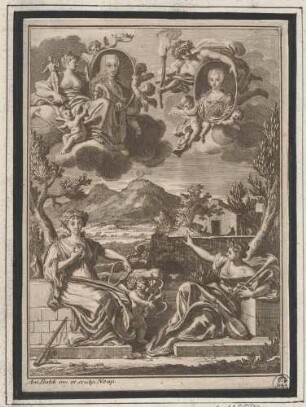 Bildnisse von Carlo VII. von Neapel und Sizilien und Maria Amalia von Sachsen mit zwei Personifikationen