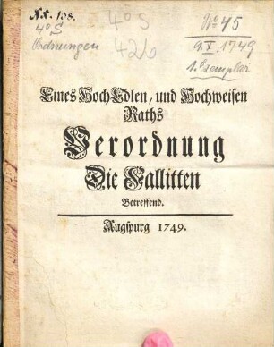 Eines HochEdlen, und Hochweisen Raths Verordnung, Die Fallitten Betreffend