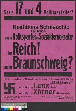 Plakat der NSDAP zu einer öffentlichen Parteiversammlung am 7. Januar 1931 in Braunschweig