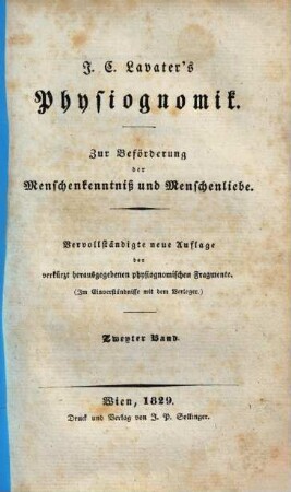 J. C. Lavater's Physiognomik : zur Beförderung der Menschenkenntnis und Menschenliebe. 2