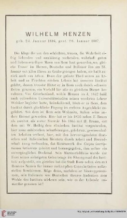 Wilhelm Henzen: geb. 24. Januar 1816, gest. 28. Januar 1887