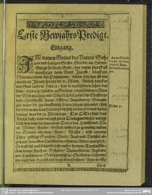 Erste NewjahrsPredigt : Eingang. Textus Evangelii, Luc. 2. Erklerung. Vom Ersten. Vom Andern. Vom Dritten