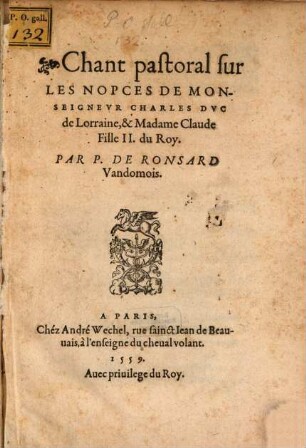 Chant pastoral sur les nopces de Charles Duc de Lorraine