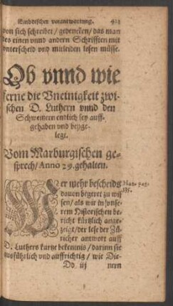 Ob unnd wie ferne die Uneinigkeit zwischen D. Luthern unnd den Schweitzern endlich sey auffgehaben und beygelegt.