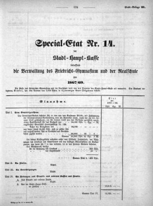 1867,21: Special-Etat Nr. 14 der Stadt-Haupt-Kasse betreffend die Verwaltung des Friedrichs-Gymnasium und der Realschule pro 1867/69